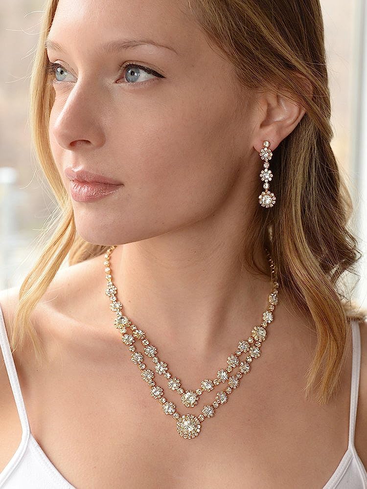 Mariell Gold Two-Row Rhinestone Crystal Necklace and Earrings Set - Prom, Brides and Bridesmaids Jewelry - Image 5